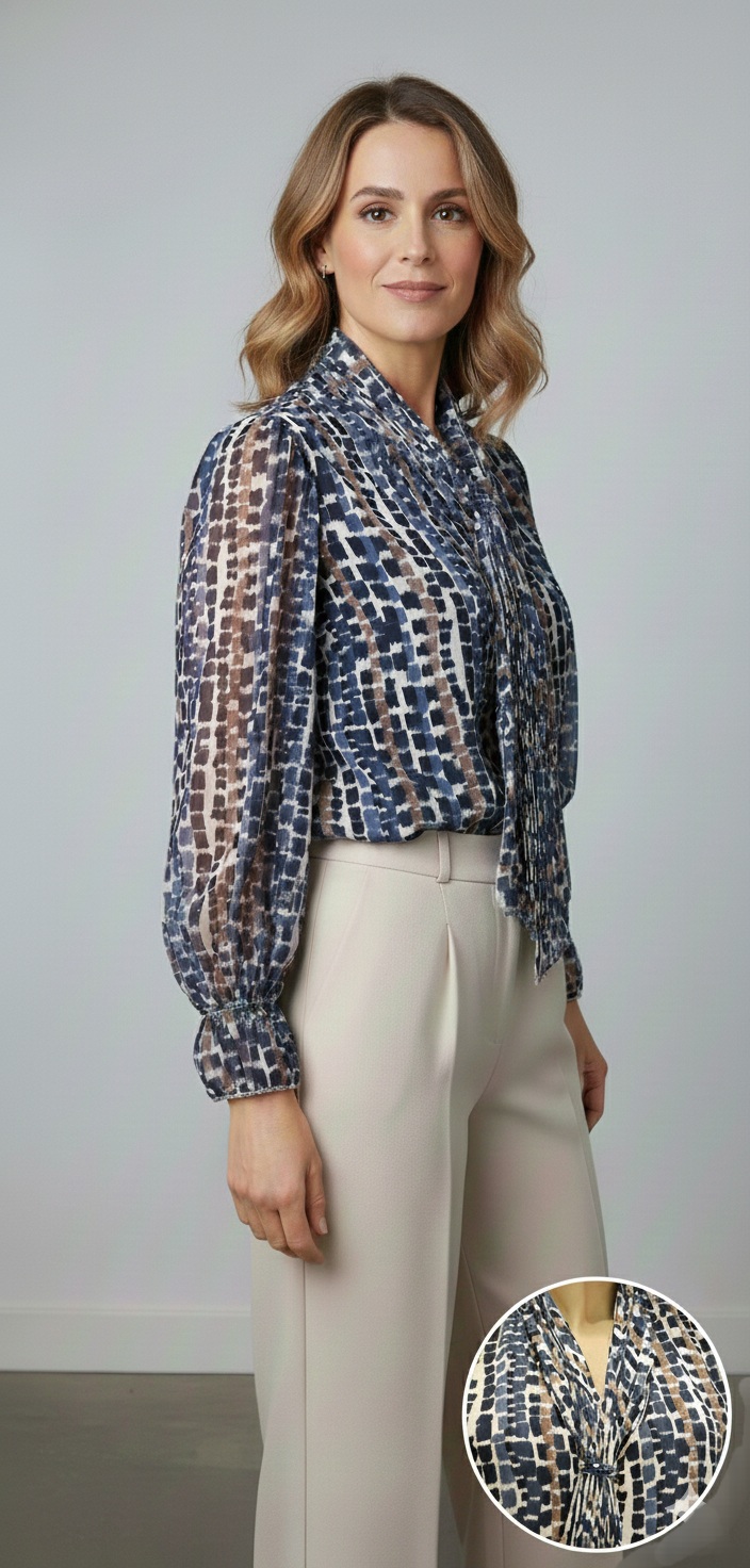 Blusa Estampada de Lazos y Mangas Abullonadas