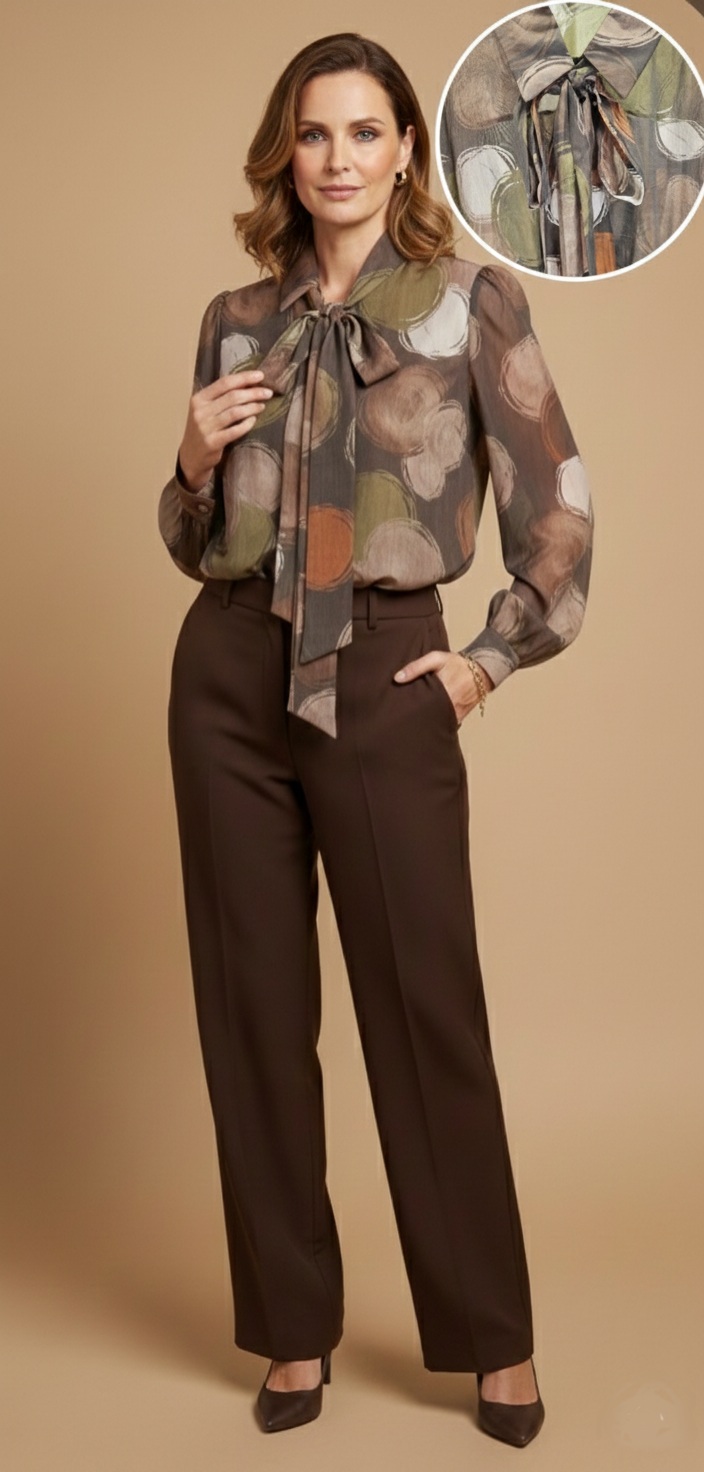 Blusa de Chifón con Lazo y Estampado Círculos Otoñales