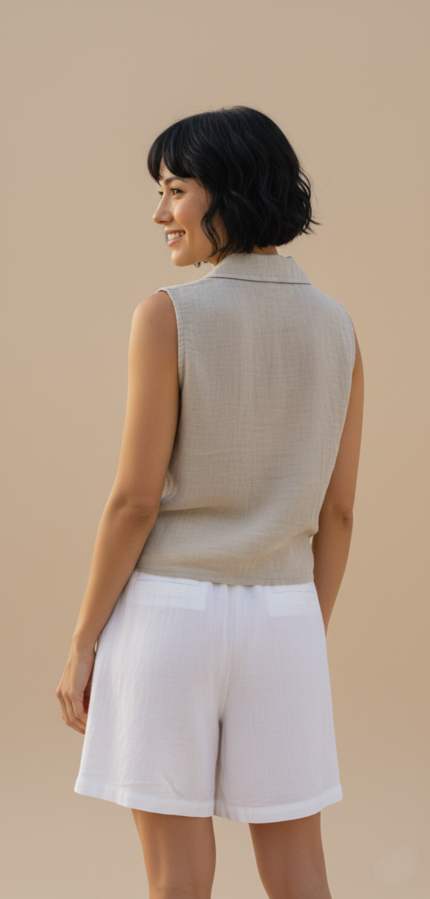 Blusa beige en lino sin mangas - Imagen 3