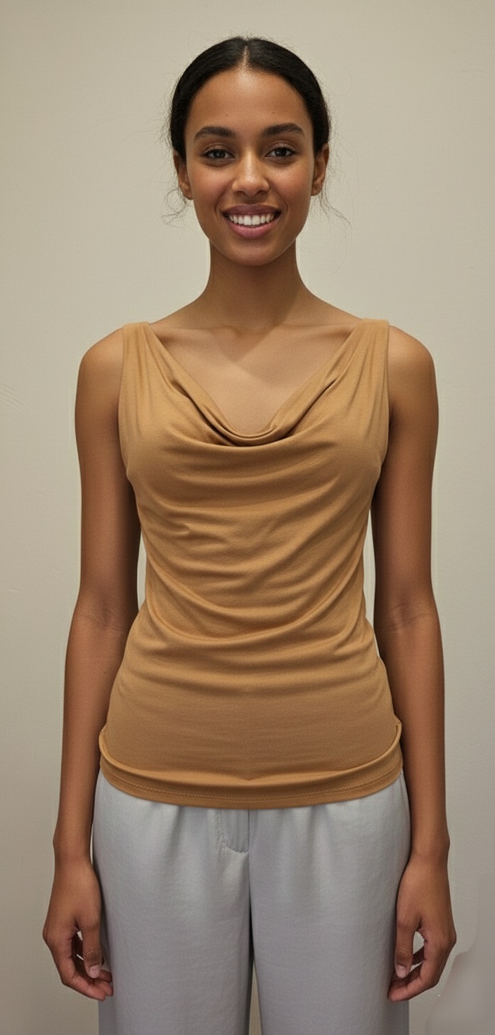 Top de Seda con Escote de Cascada (Cowl Neck) en Tono Camel